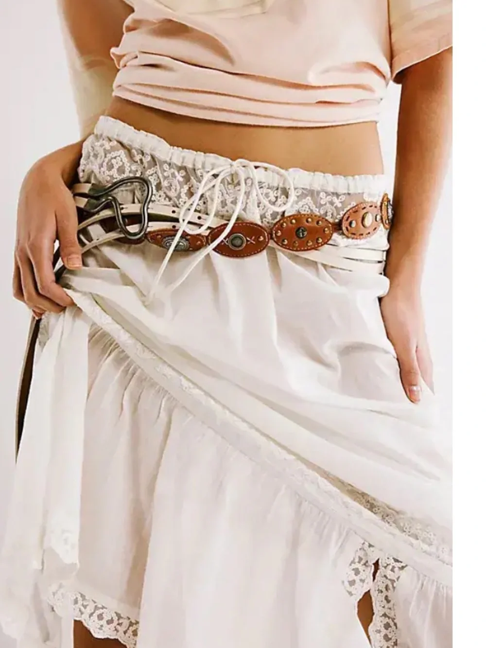 Free People Brown Leather Wrap Belt with Oval Stud Accents